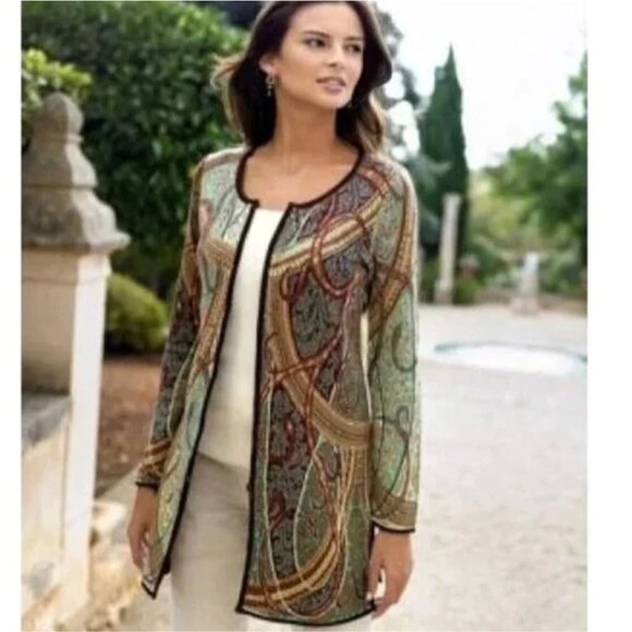 Peruvian Connection Zip Front Paisley Longline Pima Cotton Cardigan Sweater M - Picture 1 of 6